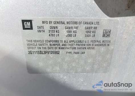 2015 Chevrolet Impala 1Lt from USA, damaged, VIN 2G1115SL3F9126902